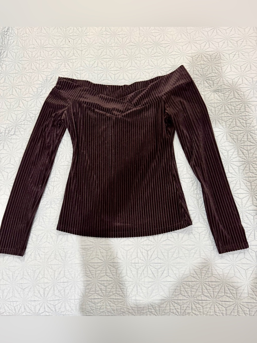 SHEIN Off-Shoulder Ribbed “Velvet” Look Long-Sleeve Top in Dark Brown